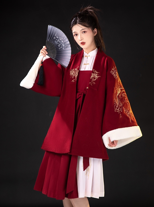 Red-White Contrasting Color Chinese Style Han Elements Improved Hanfu Autumn Winter Stand-Up Collar Long-Sleeved Dress Embroidered Coat Suit