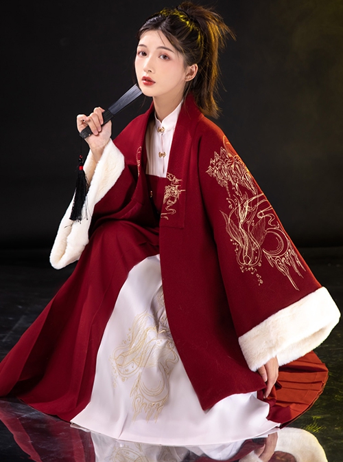 Red-White Contrasting Color Chinese Style Han Elements Improved Hanfu Autumn Winter Stand-Up Collar Long-Sleeved Dress Embroidered Coat Suit