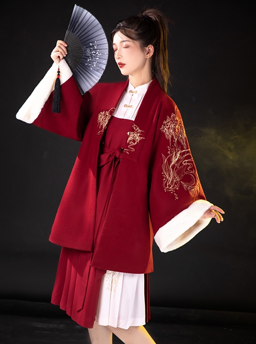 Red-White Contrasting Color Chinese Style Han Elements Improved Hanfu Autumn Winter Stand-Up Collar Long-Sleeved Dress Embroidered Coat Suit
