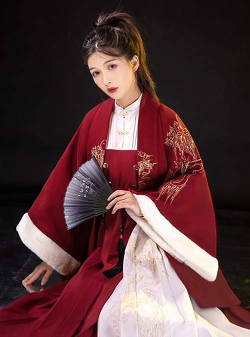 Red-White Contrasting Color Chinese Style Han Elements Improved Hanfu Autumn Winter Stand-Up Collar Long-Sleeved Dress Embroidered Coat Suit