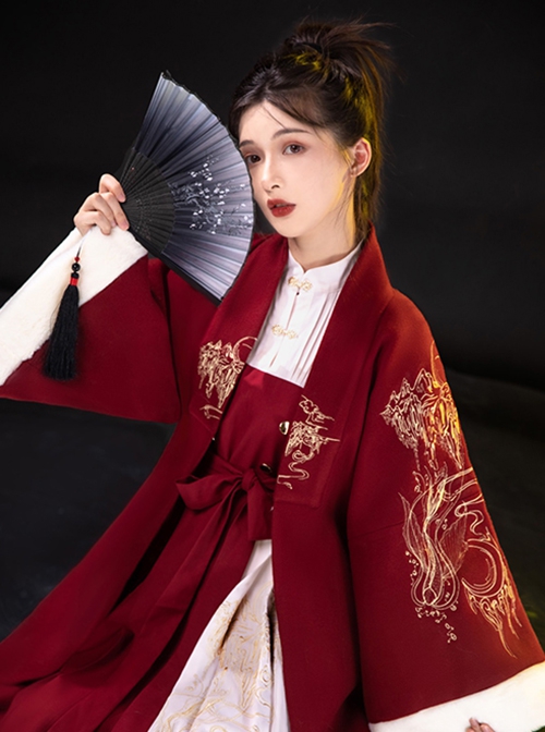 Red-White Contrasting Color Chinese Style Han Elements Improved Hanfu Autumn Winter Stand-Up Collar Long-Sleeved Dress Embroidered Coat Suit