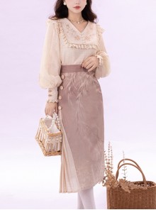 Retro Chinese Style Improved Daily Han Elements Long Sleeve V-Neck Embroidered Lace Blouse Bamboo Print Skirt Suit