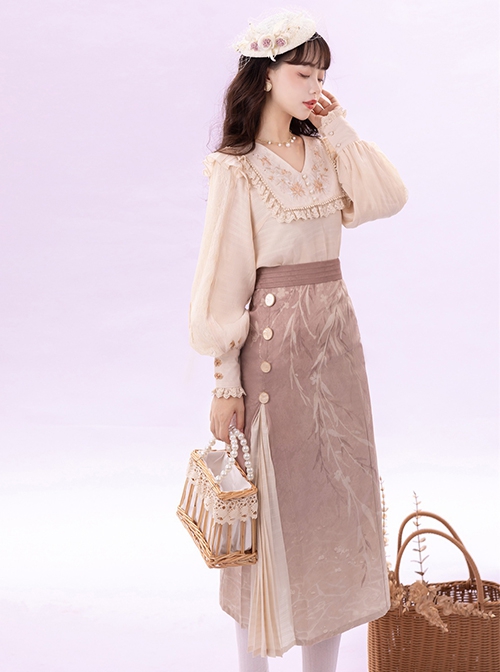 Retro Chinese Style Improved Daily Han Elements Long Sleeve V-Neck Embroidered Lace Blouse Bamboo Print Skirt Suit