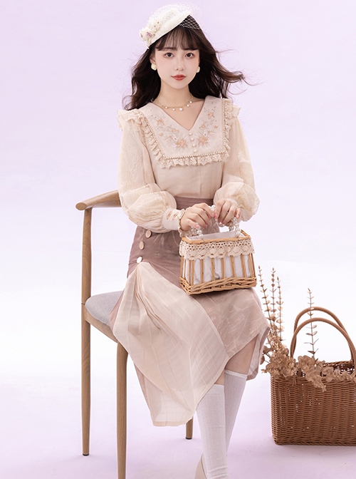 Retro Chinese Style Improved Everyday Han Elements Long Sleeve V-Neck Embroidered Lace Blouse Bamboo Print Skirt Suit