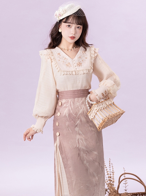 Retro Chinese Style Improved Daily Han Elements Long Sleeve V-Neck Embroidered Lace Blouse Bamboo Print Skirt Suit