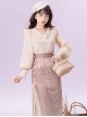 Retro Chinese Style Improved Daily Han Elements Long Sleeve V-Neck Embroidered Lace Blouse Bamboo Print Skirt Suit