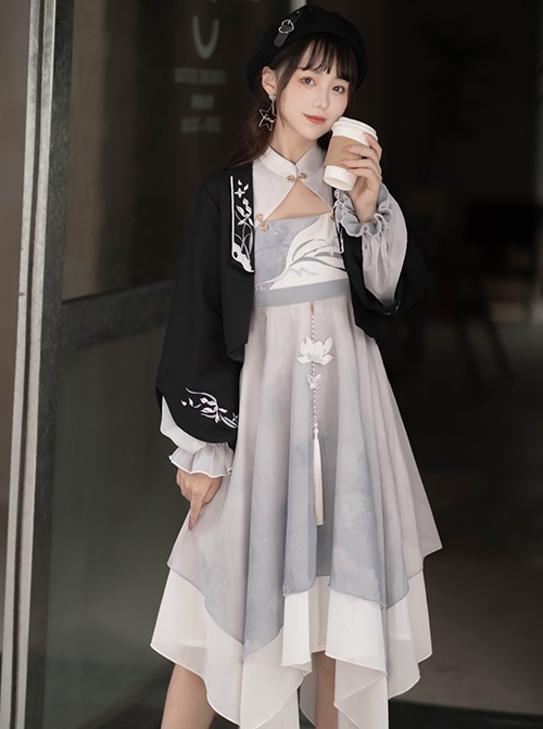 Retro Chinese Style Hanfu Improved Han Element Embroidery Stand Collar Irregular Hem Fringed Decorative Design Long Sleeve Dress Suit