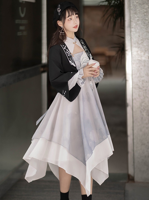 Retro Chinese Style Hanfu Improved Han Element Embroidery Stand Collar Irregular Hem Fringed Decorative Design Long Sleeve Dress Suit