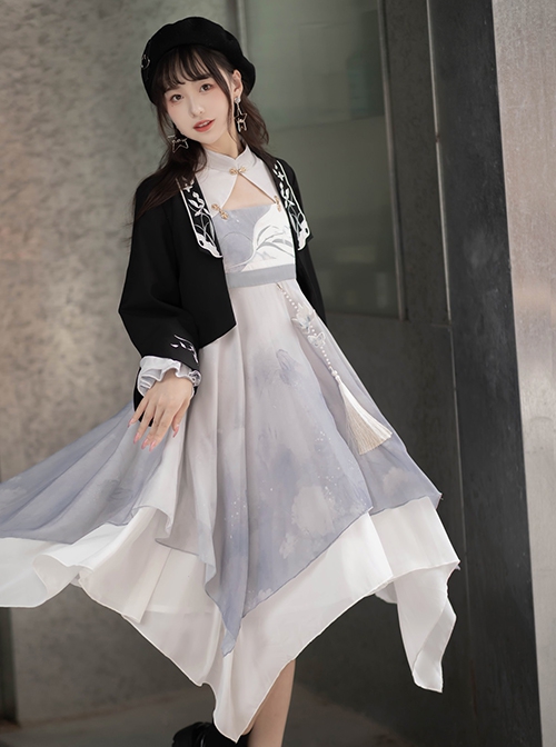 Retro Chinese Style Hanfu Improved Han Element Embroidery Stand Collar Irregular Hem Fringed Decorative Design Long Sleeve Dress Suit