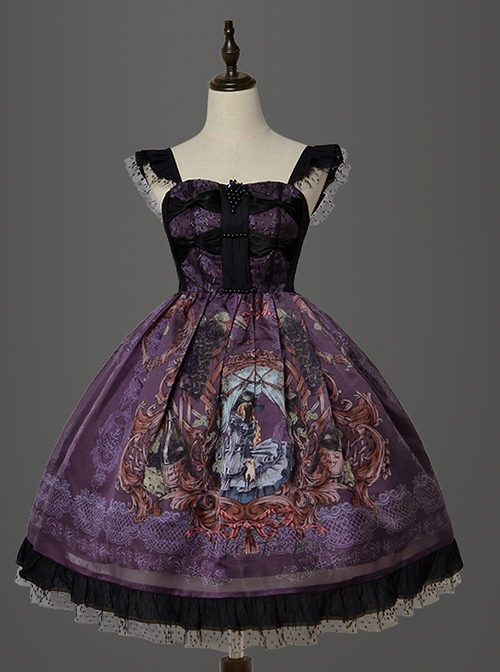 Gothic Vintage Print Grape Bow Decorative Ruffle Hem Gothic Lolita Sleeveless Dress