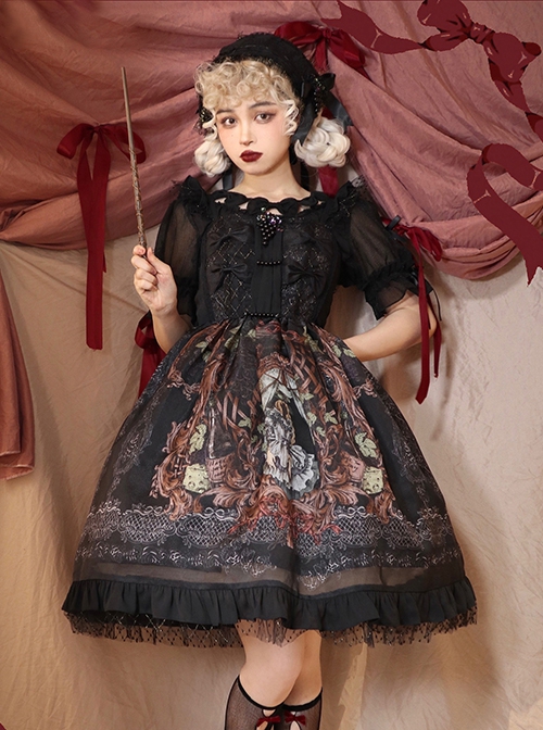 Gothic Vintage Print Grape Bow Decorative Ruffle Hem Gothic Lolita Sleeveless Dress