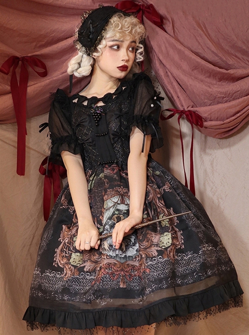 Gothic Vintage Print Grape Bow Decorative Ruffle Hem Gothic Lolita Sleeveless Dress