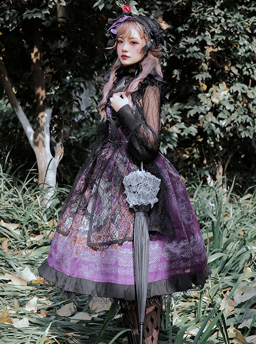 Gothic Vintage Print Grape Bow Decorative Ruffle Hem Gothic Lolita Sleeveless Dress