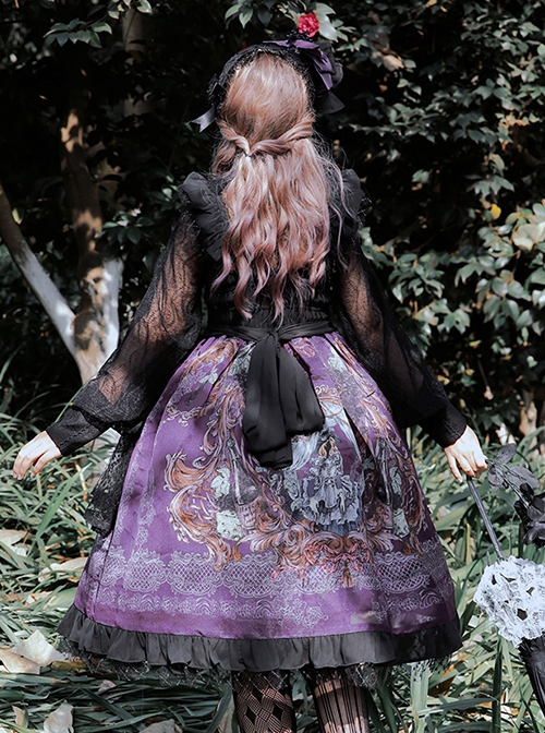 Gothic Vintage Print Grape Bow Decorative Ruffle Hem Gothic Lolita Sleeveless Dress