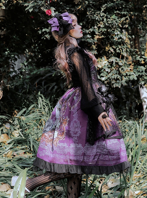 Gothic Vintage Print Grape Bow Decorative Ruffle Hem Gothic Lolita Sleeveless Dress