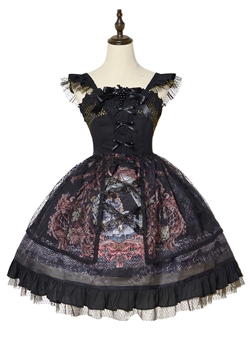 Grape Lace Vintage Grape Embellished Bow Detachable Belt Ruffle Hem Gothic Lolita Sleeveless Dress