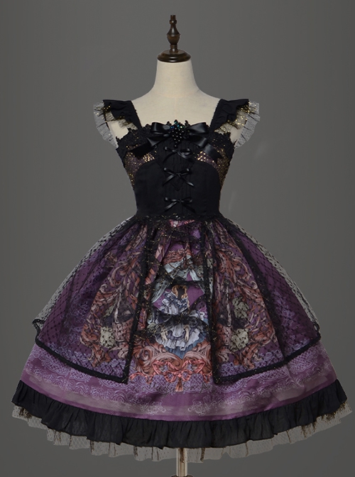 Grape Lace Vintage Grape Embellished Bow Detachable Belt Ruffle Hem Gothic Lolita Sleeveless Dress