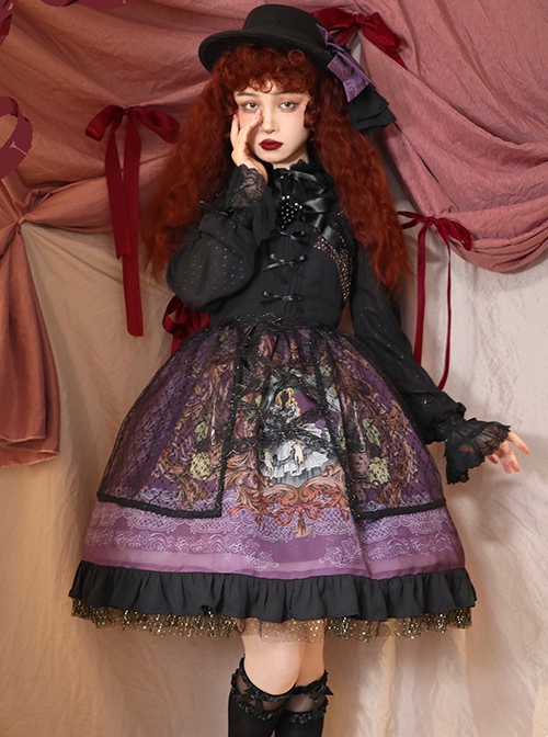 Grape Lace Vintage Grape Embellished Bow Detachable Belt Ruffle Hem Gothic Lolita Sleeveless Dress