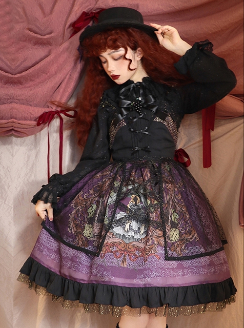 Grape Lace Vintage Grape Embellished Bow Detachable Belt Ruffle Hem Gothic Lolita Sleeveless Dress