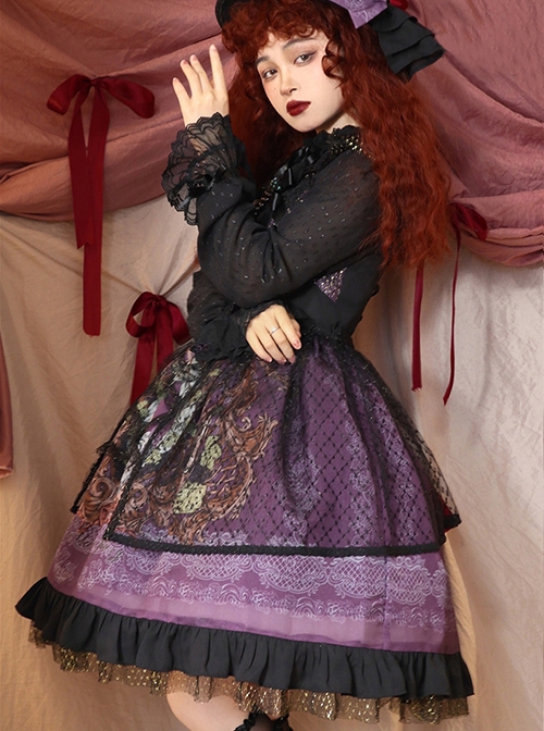 Grape Lace Vintage Grape Embellished Bow Detachable Belt Ruffle Hem Gothic Lolita Sleeveless Dress