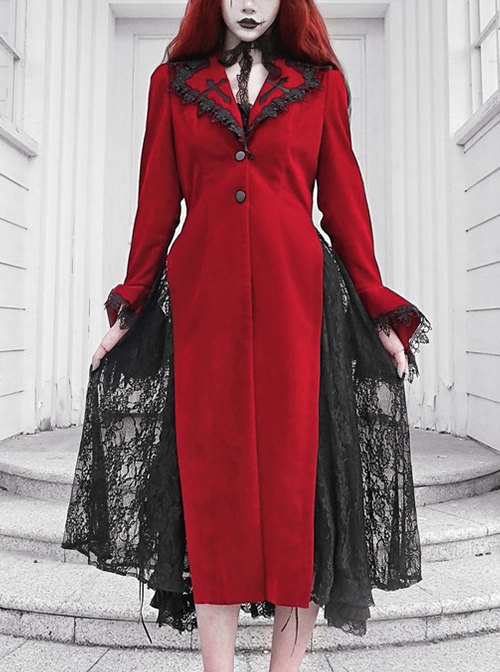 Night Visit Vampire Series Gothic Lace Autumn Winter Dark Red Velvet Halloween Long Sleeve Coat