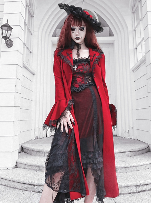 Night Visit Vampire Series Gothic Lace Autumn Winter Dark Red Velvet Halloween Long Sleeve Coat