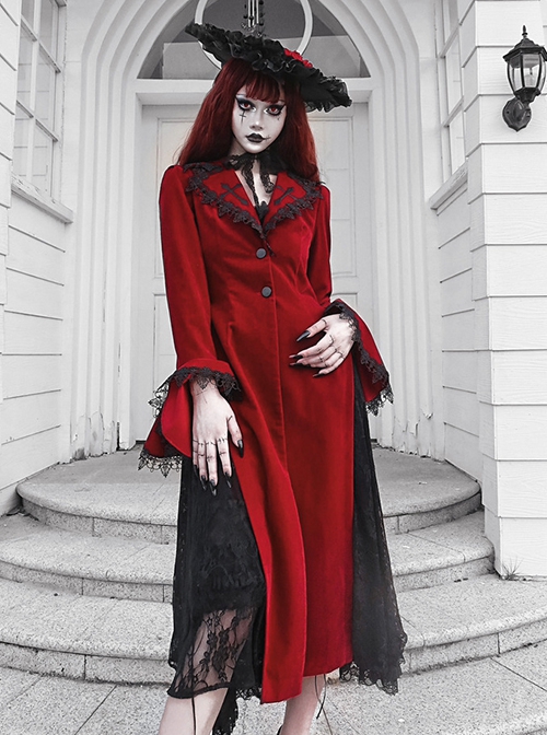 Night Visit Vampire Series Gothic Lace Autumn Winter Dark Red Velvet Halloween Long Sleeve Coat