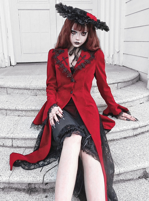 Night Visit Vampire Series Gothic Lace Autumn Winter Dark Red Velvet Halloween Long Sleeve Coat