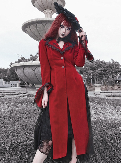 Night Visit Vampire Series Gothic Lace Autumn Winter Dark Red Velvet Halloween Long Sleeve Coat