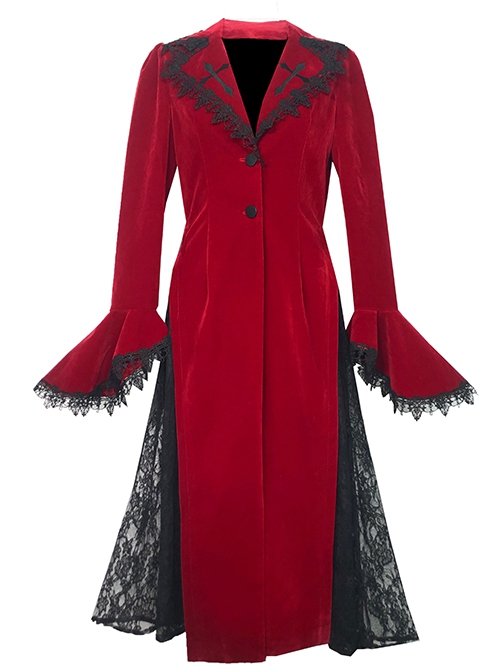 Night Visit Vampire Series Gothic Lace Autumn Winter Dark Red Velvet Halloween Long Sleeve Coat