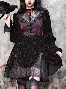 Gothic Style Dark Red Halloween Drawstring Velvet Puff Sleeves Hollow Stand Collar Stitching Lace Design Gothic Long-Sleeved Dress