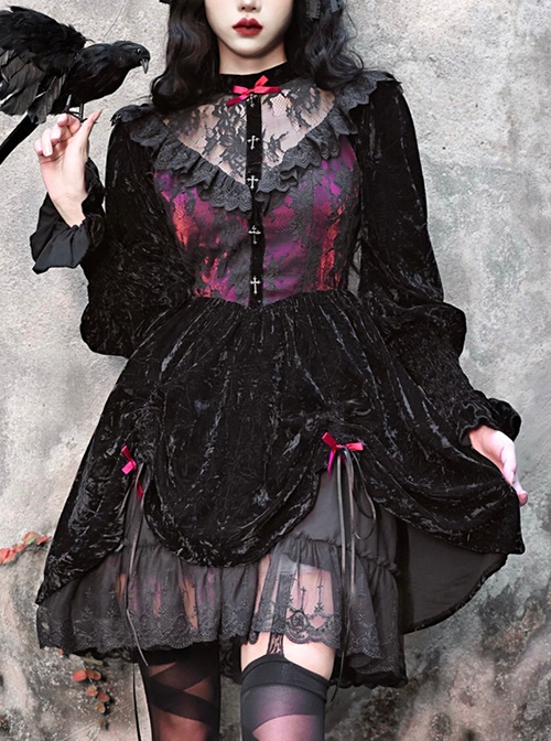 Gothic Style Dark Red Halloween Drawstring Velvet Puff Sleeves Hollow Stand Collar Stitching Lace Design Gothic Long-Sleeved Dress