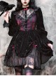 Gothic Style Dark Red Halloween Drawstring Velvet Puff Sleeves Hollow Stand Collar Stitching Lace Design Gothic Long-Sleeved Dress