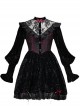 Gothic Style Dark Red Halloween Drawstring Velvet Puff Sleeves Hollow Stand Collar Stitching Lace Design Gothic Long-Sleeved Dress