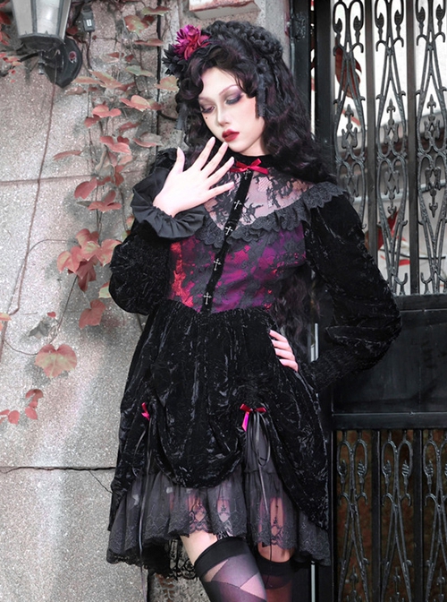 Gothic Style Dark Red Halloween Drawstring Velvet Puff Sleeves Hollow Stand Collar Stitching Lace Design Gothic Long-Sleeved Dress