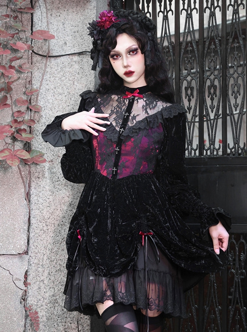 Gothic Style Dark Red Halloween Drawstring Velvet Puff Sleeves Hollow Stand Collar Stitching Lace Design Gothic Long-Sleeved Dress