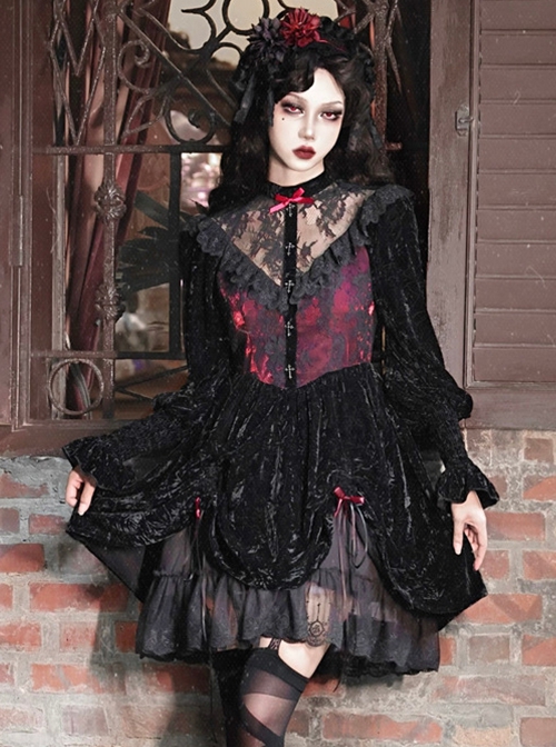 Gothic Style Dark Red Halloween Drawstring Velvet Puff Sleeves Hollow Stand Collar Stitching Lace Design Gothic Long-Sleeved Dress