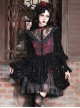 Gothic Style Dark Red Halloween Drawstring Velvet Puff Sleeves Hollow Stand Collar Stitching Lace Design Gothic Long-Sleeved Dress