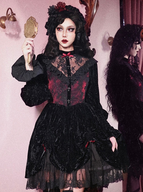 Gothic Style Dark Red Halloween Drawstring Velvet Puff Sleeves Hollow Stand Collar Stitching Lace Design Gothic Long-Sleeved Dress