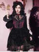 Gothic Style Dark Red Halloween Drawstring Velvet Puff Sleeves Hollow Stand Collar Stitching Lace Design Gothic Long-Sleeved Dress