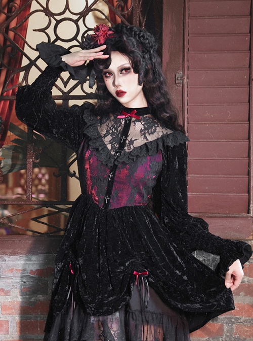 Gothic Style Dark Red Halloween Drawstring Velvet Puff Sleeves Hollow Stand Collar Stitching Lace Design Gothic Long-Sleeved Dress