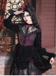 Gothic Style Dark Red Halloween Drawstring Velvet Puff Sleeves Hollow Stand Collar Stitching Lace Design Gothic Long-Sleeved Dress