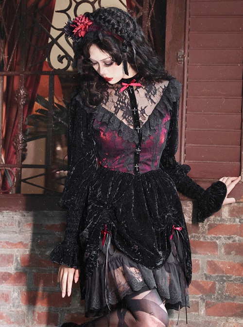 Gothic Style Dark Red Halloween Drawstring Velvet Puff Sleeves Hollow Stand Collar Stitching Lace Design Gothic Long-Sleeved Dress