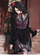 Gothic Style Dark Red Halloween Drawstring Velvet Puff Sleeves Hollow Stand Collar Stitching Lace Design Gothic Long-Sleeved Dress