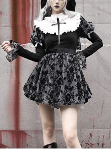 Halloween Gothic Turtleneck Lace Design Velvet Jacquard Large Crucifix Decorative Pumpkin Skirt Hem Long Sleeve Dress