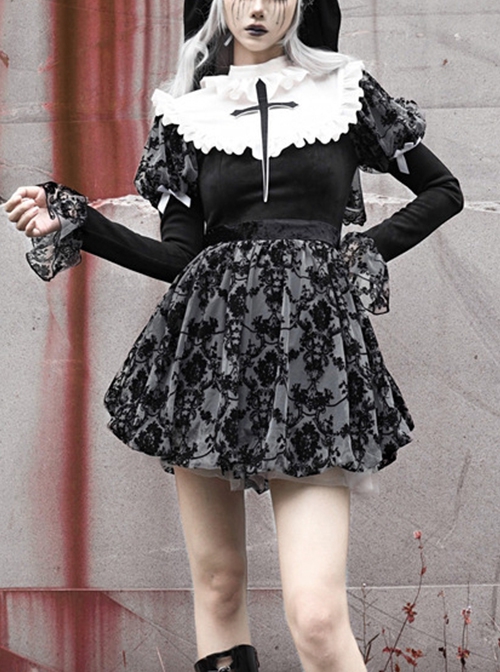 Halloween Gothic Turtleneck Lace Design Velvet Jacquard Large Crucifix Decorative Pumpkin Skirt Hem Long Sleeve Dress