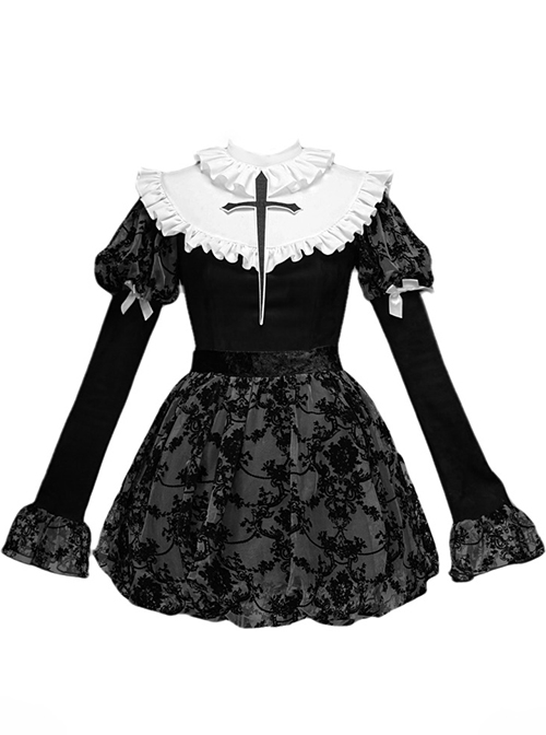 Halloween Gothic Turtleneck Lace Design Velvet Jacquard Large Crucifix Decorative Pumpkin Skirt Hem Long Sleeve Dress