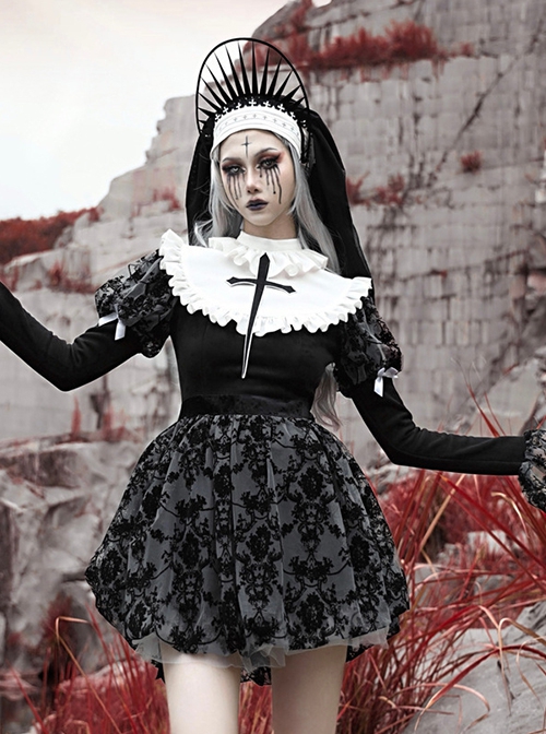 Halloween Gothic Turtleneck Lace Design Velvet Jacquard Large Crucifix Decorative Pumpkin Skirt Hem Long Sleeve Dress