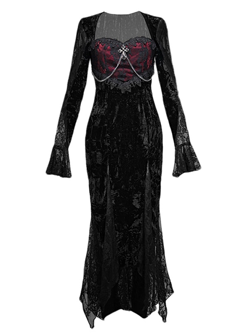 Halloween Gothic Velvet Panel Lace Crucifix Metal Chain Decoration Slim Fit Fishtail Long Sleeve Dress