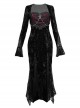 Halloween Gothic Velvet Panel Lace Crucifix Metal Chain Decoration Slim Fit Fishtail Long Sleeve Dress